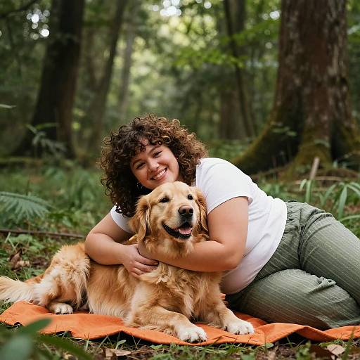 Photograph of a curly-haired woman in a white shirt and green pants, hugging a golden retriever on an orange blanket in a forest. Both