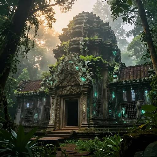 Photorealistic digital artwork of a lush, misty jungle temple with intricately carved stone architecture, glowing green accents, and sunlight filtering through dense foliage