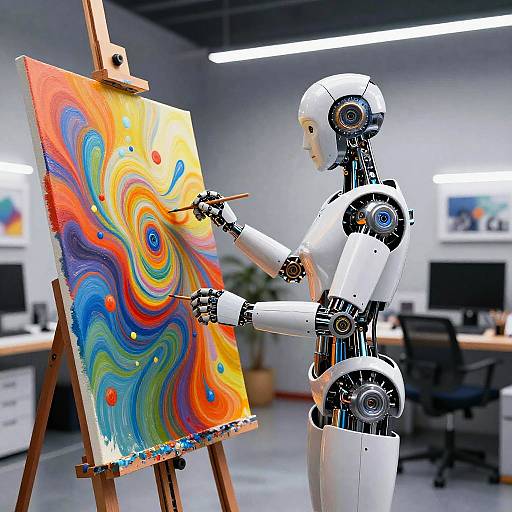 Photograph of a white humanoid robot painting a vibrant, swirling abstract on an easel in a modern, well-lit office space.
