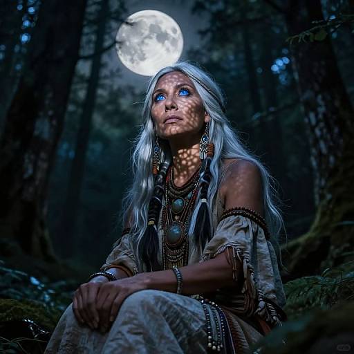 Photorealistic digital artwork of a silver-haired woman with glowing blue eyes, wearing tribal jewelry and off-shoulder attire, sitting in a dark forest