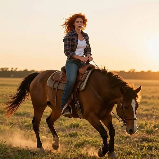 Photograph of a curly-haired woman in a plaid shirt and jeans riding a brown horse at sunset in a grassy field.