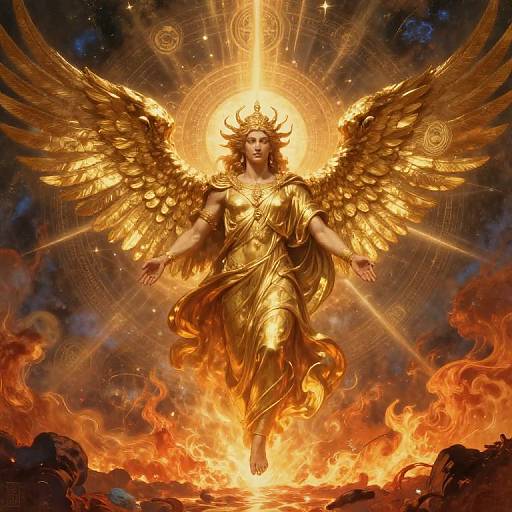 Digital artwork of a golden-winged angel with radiant halo, fiery background, and intricate celestial patterns, descending amidst flames.