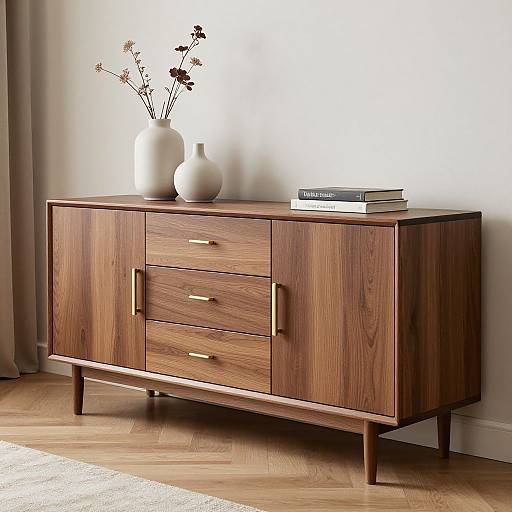 Mid-century modern wooden sideboard with three drawers, gold handles, white vase with dried flowers, and stacked books; placed on light hardwood floor against white