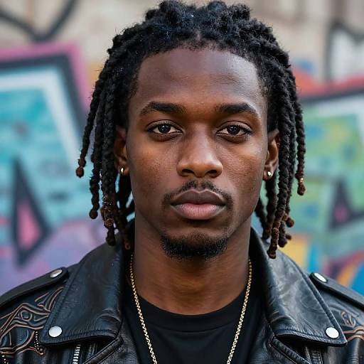 Photograph of a young Black man with natural dreadlocks, wearing a black leather jacket with ornate details, gold hoop earrings, and a black shirt