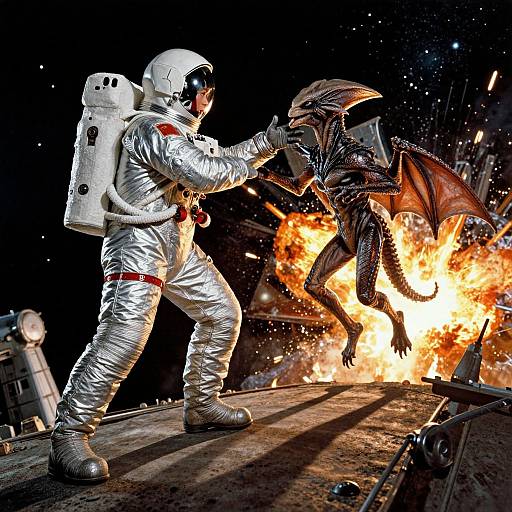 Photograph: Astronaut in white suit with oxygen tank, black helmet, and gloves, fighting a fiery, winged dragon on a space station.