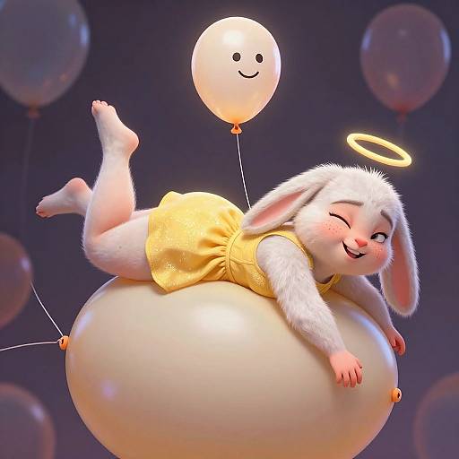 CGI image of a cute, white-furred, anthropomorphic rabbit with a halo, lying on a glowing balloon, wearing a yellow dress, surrounded