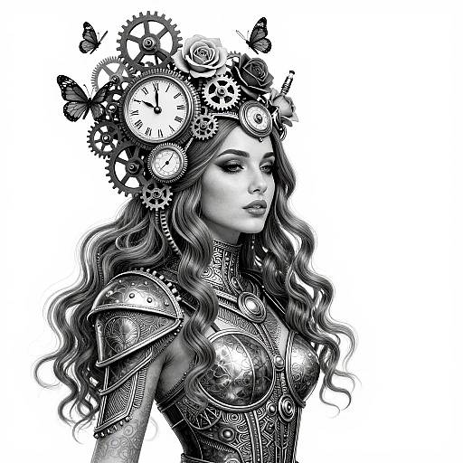 Digital black-and-white illustration of a beautiful woman with long wavy hair, wearing intricate armor and a clockwork headdress with gears and butterflies, g