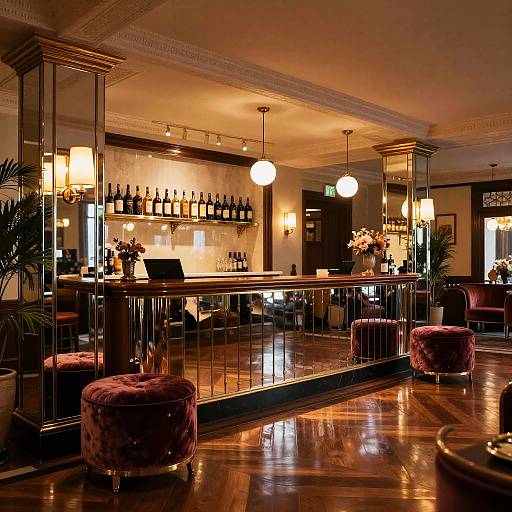 Photograph of a luxurious, warmly lit bar with mirrored walls, wooden floor, red velvet stools, and hanging spherical lights.