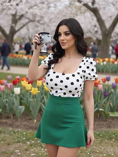 Photograph of a dark-haired woman in a white polka dot top and green skirt, holding a camera, standing in a colorful spring garden with blo