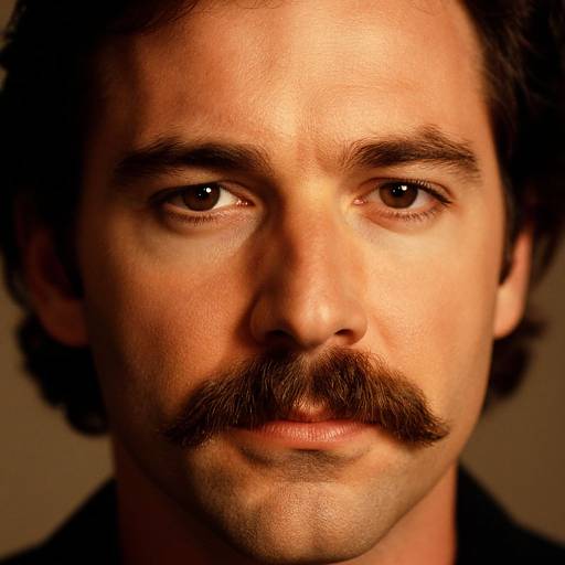 Close-up photograph of a young man with light brown skin, dark brown eyes, brown mustache, and short dark hair, softly lit, neutral background