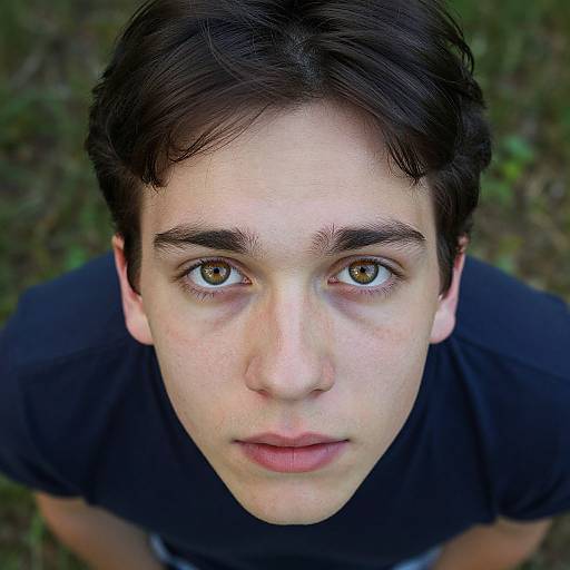 Photograph of a young man with fair skin, dark brown hair, and green eyes, looking up directly at the camera, wearing a black shirt,