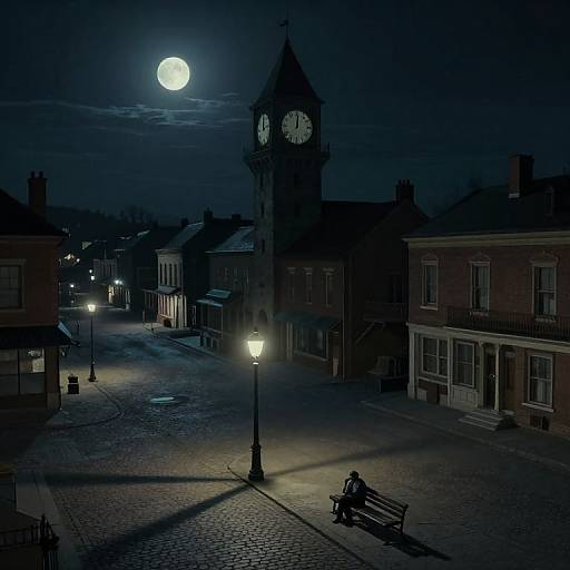 Night photograph of a cobblestone street with a full moon, illuminated clock tower, street lamps, and a solitary bench.