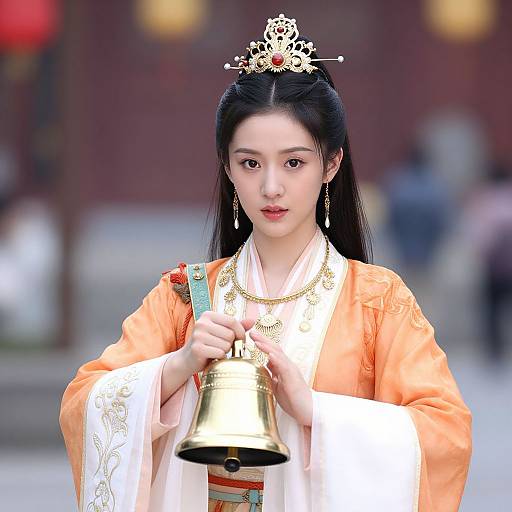 Photograph of an East Asian woman with long black hair, wearing an orange traditional Chinese robe, gold tiara, and holding a golden bell, standing