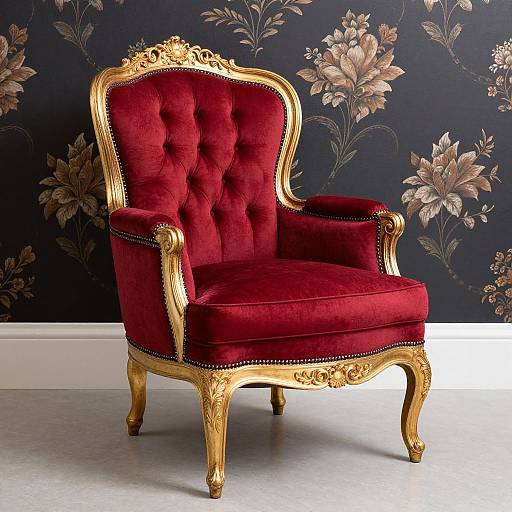 Photograph of an opulent, red velvet armchair with gold ornate wooden frame and floral-patterned dark blue wallpaper background.