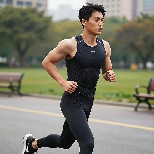 Photograph of an Asian man jogging in a park, wearing a black tank top, black leggings, and white sneakers, with blurred trees and buildings in