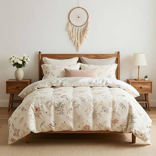 Photograph of a cozy bedroom with a wooden bed, floral duvet, pink pillows, dreamcatcher on white wall, flower vase, and wooden