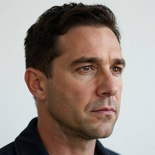 Photorealistic portrait of a middle-aged man with short dark hair, light brown eyes, and a serious expression, wearing a dark shirt against a plain