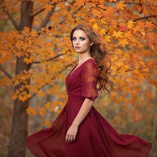 Photograph of a beautiful woman with long brown hair, wearing a flowing maroon dress, standing in an autumn forest with vibrant orange leaves.