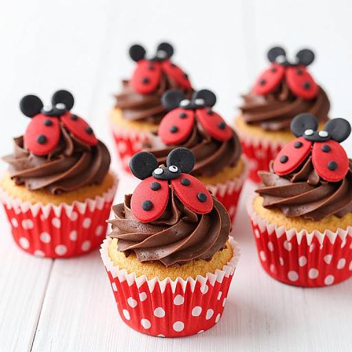 Photograph of six chocolate cupcakes with swirled brown frosting, red polka-dot red wrappers, topped with red fondant ladybugs and black fond