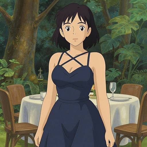 Anime-style drawing of a black-haired woman in a dark blue, strapless dress standing in a lush, forested outdoor setting with a round table and