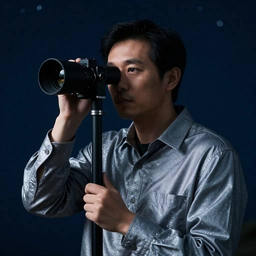 Astronomer Using Rangefinder Camera at Night