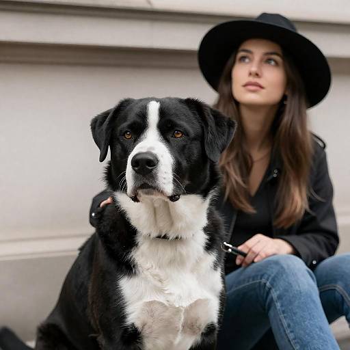 Young Woman Sitting with Large Black and White Dog