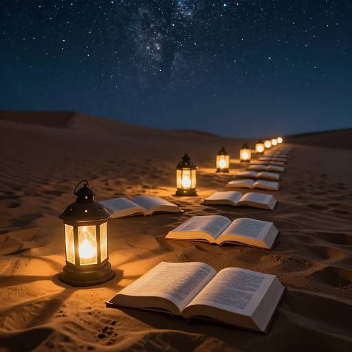 Photograph of open books lined with lanterns on a sandy desert under a starry night sky, creating a mystical, serene scene.
