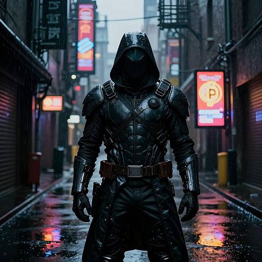 Digital artwork of a hooded, armored figure in a dark, neon-lit, rain-soaked alley with glowing signs and reflective wet pavement.