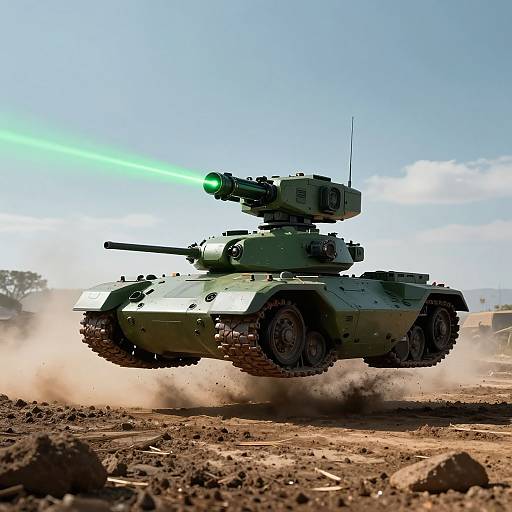 Photograph of a green, advanced tank with a glowing green laser cannon, flying over a dusty, rocky terrain under a clear blue sky.