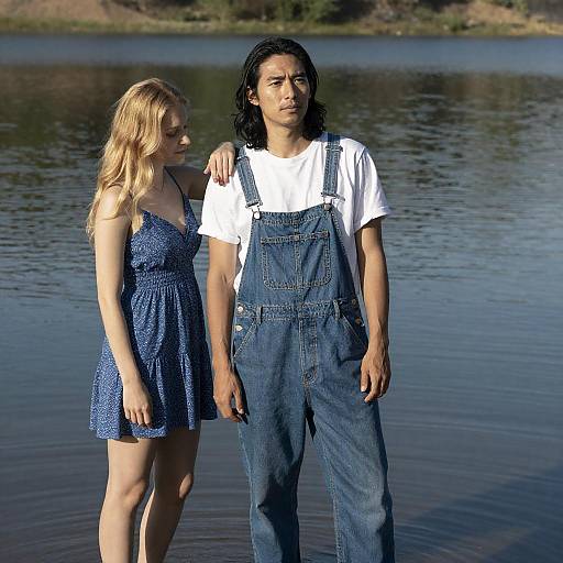 Sunlit Couple in Reflective Lake