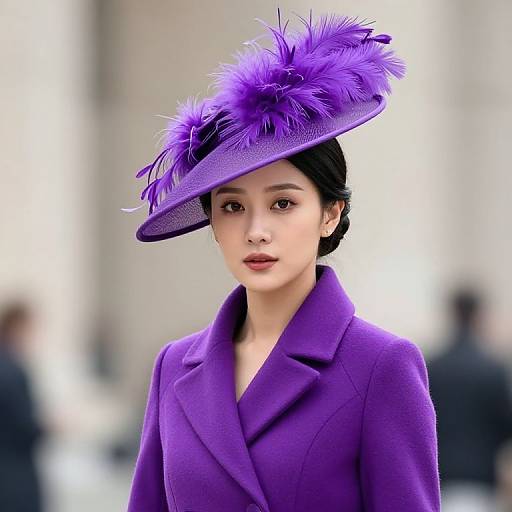 Woman in Purple Coat and Feather Hat