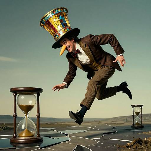Photograph of a man in a brown suit and oversized, colorful top hat with a long orange nose, leaping towards two hourglasses on a