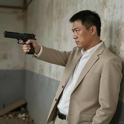 Serious Man with Handgun in Rustic Setting