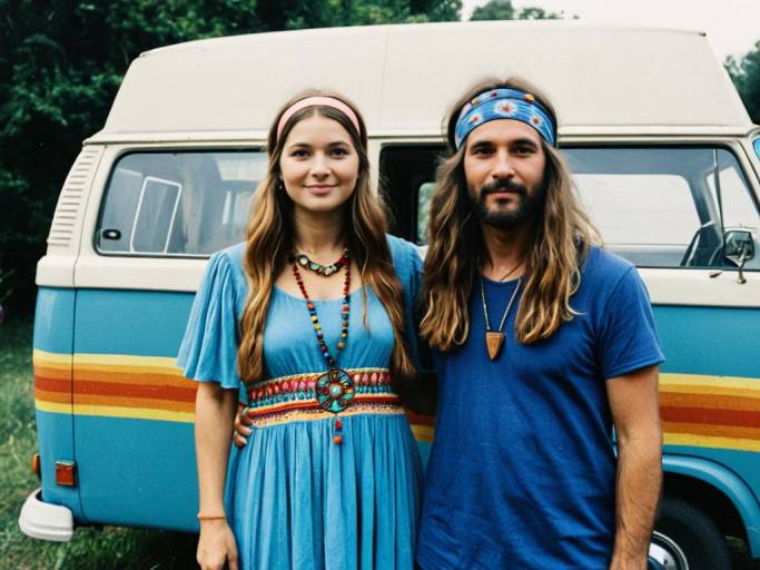 Hippie Couple in Front of Vintage Van