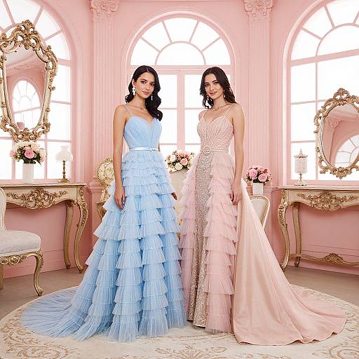 Photograph of two women in elegant dresses; one in a blue, ruffled gown, the other in a pink, beaded dress, standing in
