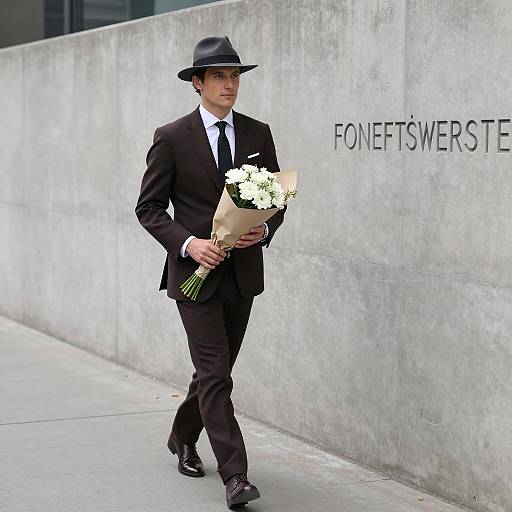 Man in Brown Suit Holding White Flower Bouquet