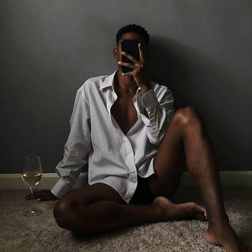 Photograph of a dark-skinned man in an unbuttoned white dress shirt, sitting on a carpet, holding a phone, with a glass of