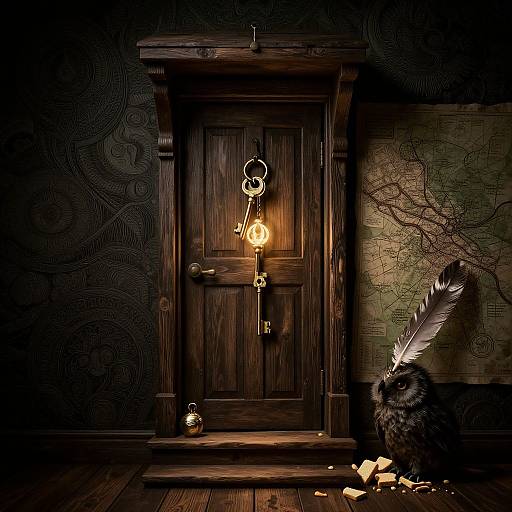 Mysterious dark wooden door with glowing keyhole, vintage key, owl with feathers, and candles on patterned wallpaper floor.