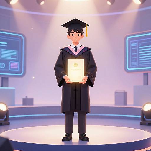 Digital CGI of a cute, anime-style male graduate with black cap and gown, holding a diploma, standing on a spotlighted stage.