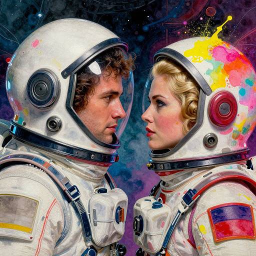 Digital artwork of a curly-haired man and blonde woman in colorful space suits, facing each other against a cosmic background.
