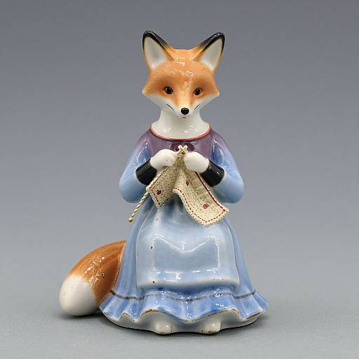 Photograph of a ceramic fox figurine with orange fur, wearing a blue, translucent dress, holding a lace doily, standing against a gradient gray