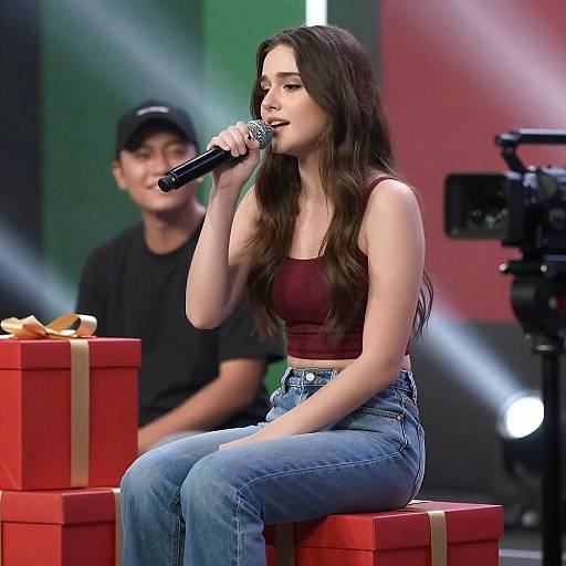 Young Woman Singing on Gift Boxes