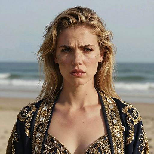 Photograph of a serious-looking blonde woman with wavy hair, wearing an ornate black and gold robe, standing on a beach with waves in the