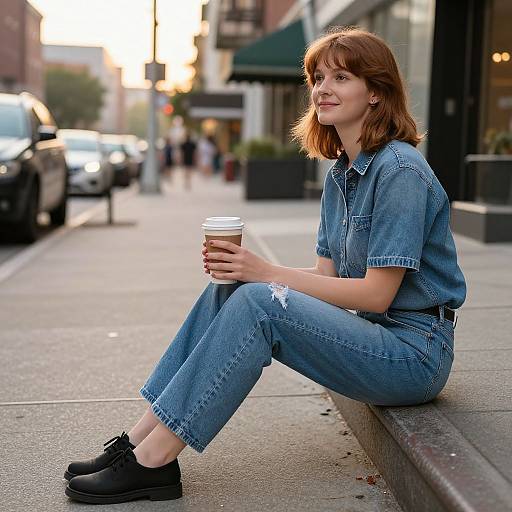 Serene Woman in Worn Denim on Sidewalk