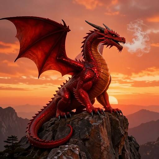 Photograph of a vibrant red dragon with large wings and sharp horns, breathing smoke, standing on a rocky peak against a fiery orange sunset sky.