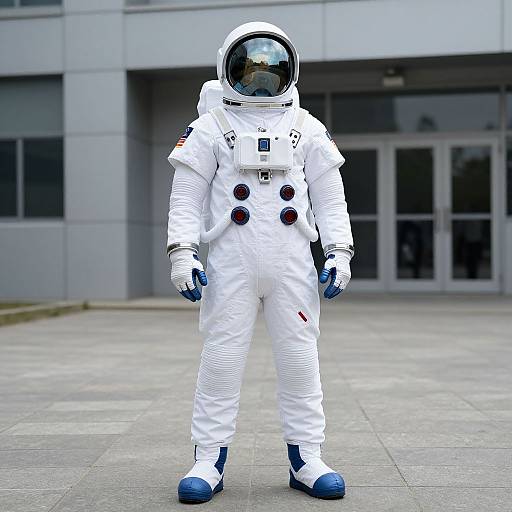 Photograph of a person in a white spacesuit with a clear helmet, standing on a gray concrete pavement in front of a modern building.