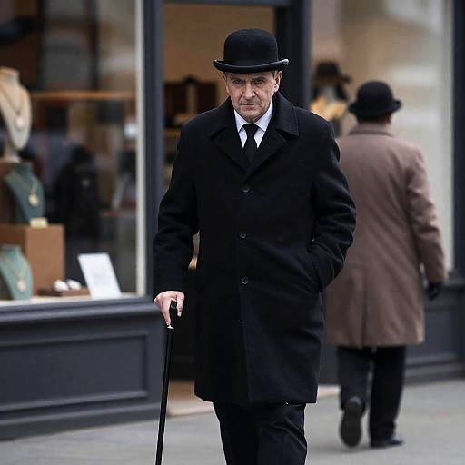 Man in Black Coat and Bowler Hat with Cane
