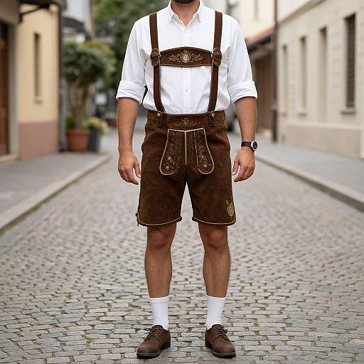 Photograph of a man standing on a cobblestone street, wearing white shirt, brown leather suspenders, shorts, white socks, brown shoes.