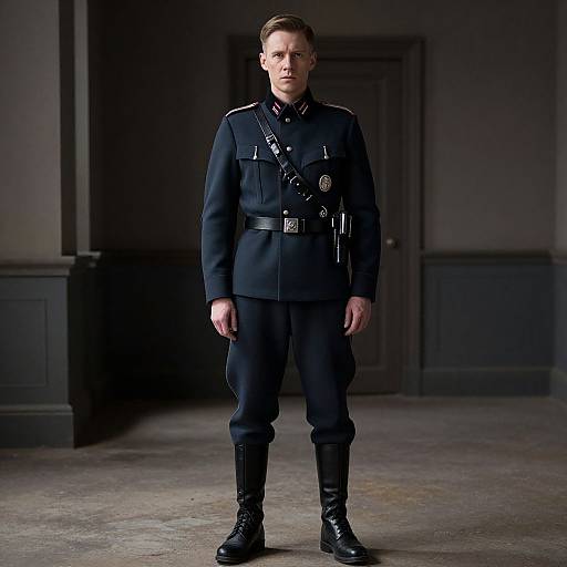 Photograph of a serious, fair-skinned man in a dark, formal military uniform with black boots, standing in a dimly lit, gray-w