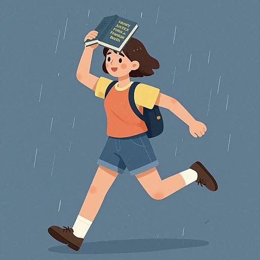 Cartoon illustration of a smiling child in orange shirt, blue shorts, yellow socks, and black shoes, running in the rain while holding a book.